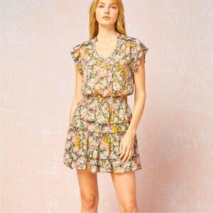 Entro Fall Blue Pink Tan Floral Smocked Tiered Dress Ruffle Sleeves Women’s Sz L